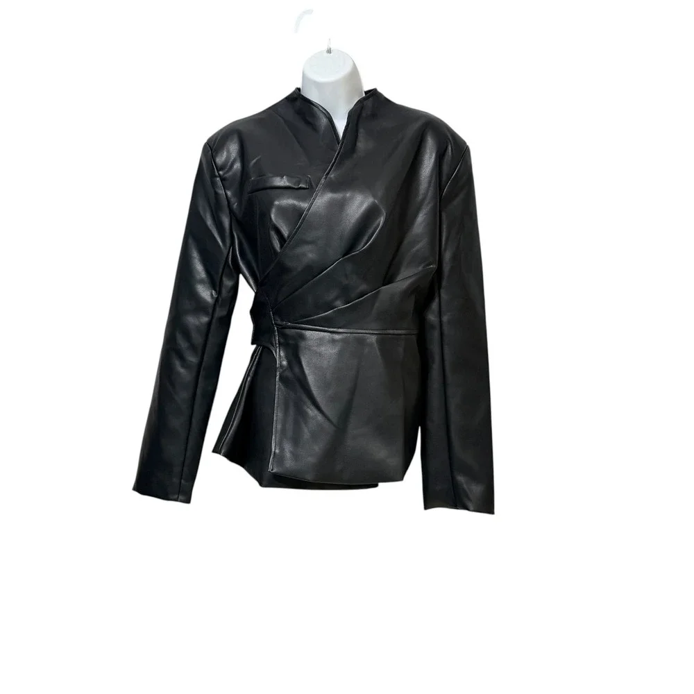 Missguided Womens Faux Leather Wrap Jacket Black Peplum Stand Collar medium